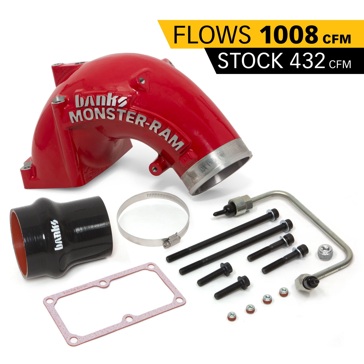 Monster-Ram Intake Elbow W/Fuel Line and Hump Hose 4 Inch Red Powder Coated Dodge/Ram 2500/3500 6.7L Banks Power