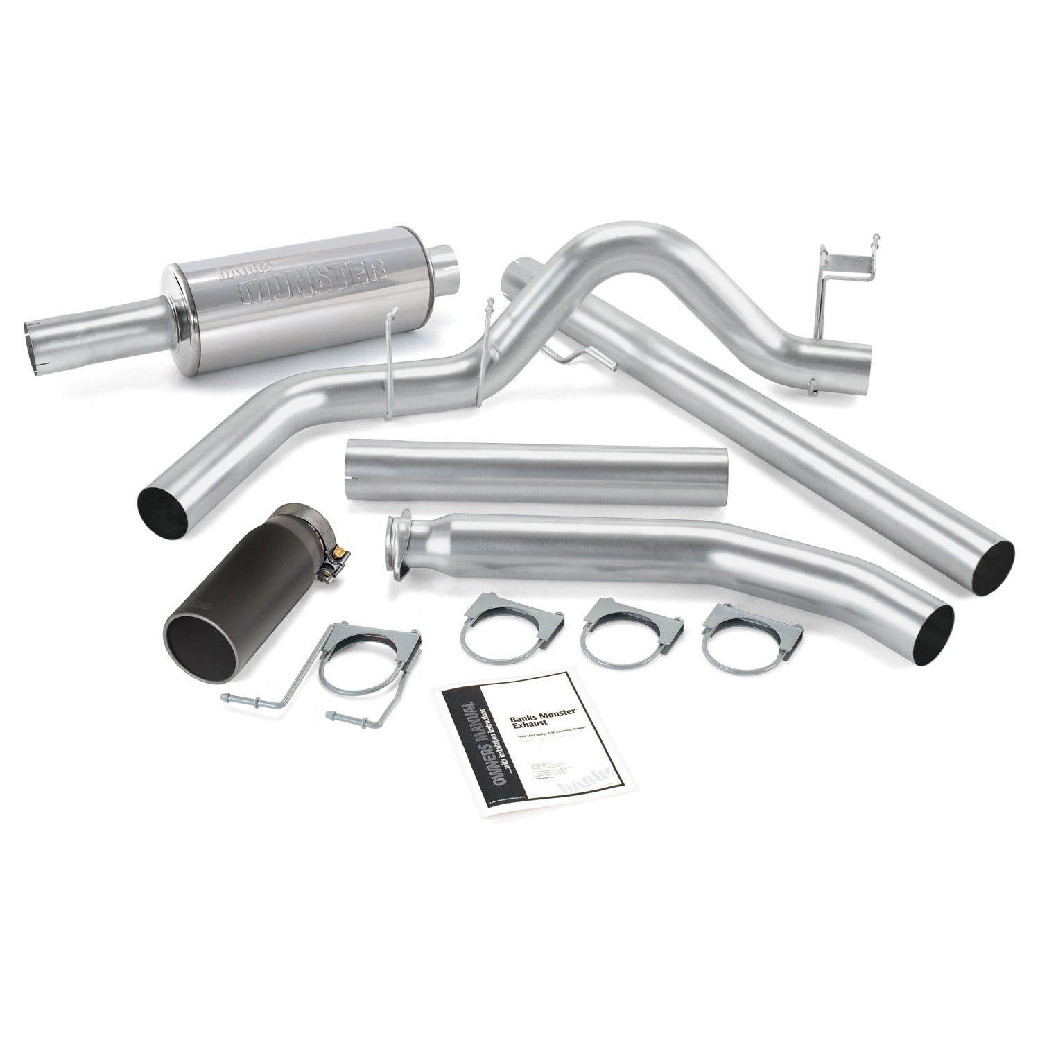 Monster Exhaust System Single Exit Black Round Tip 98-02 Dodge 5.9L Extended Cab Banks Power