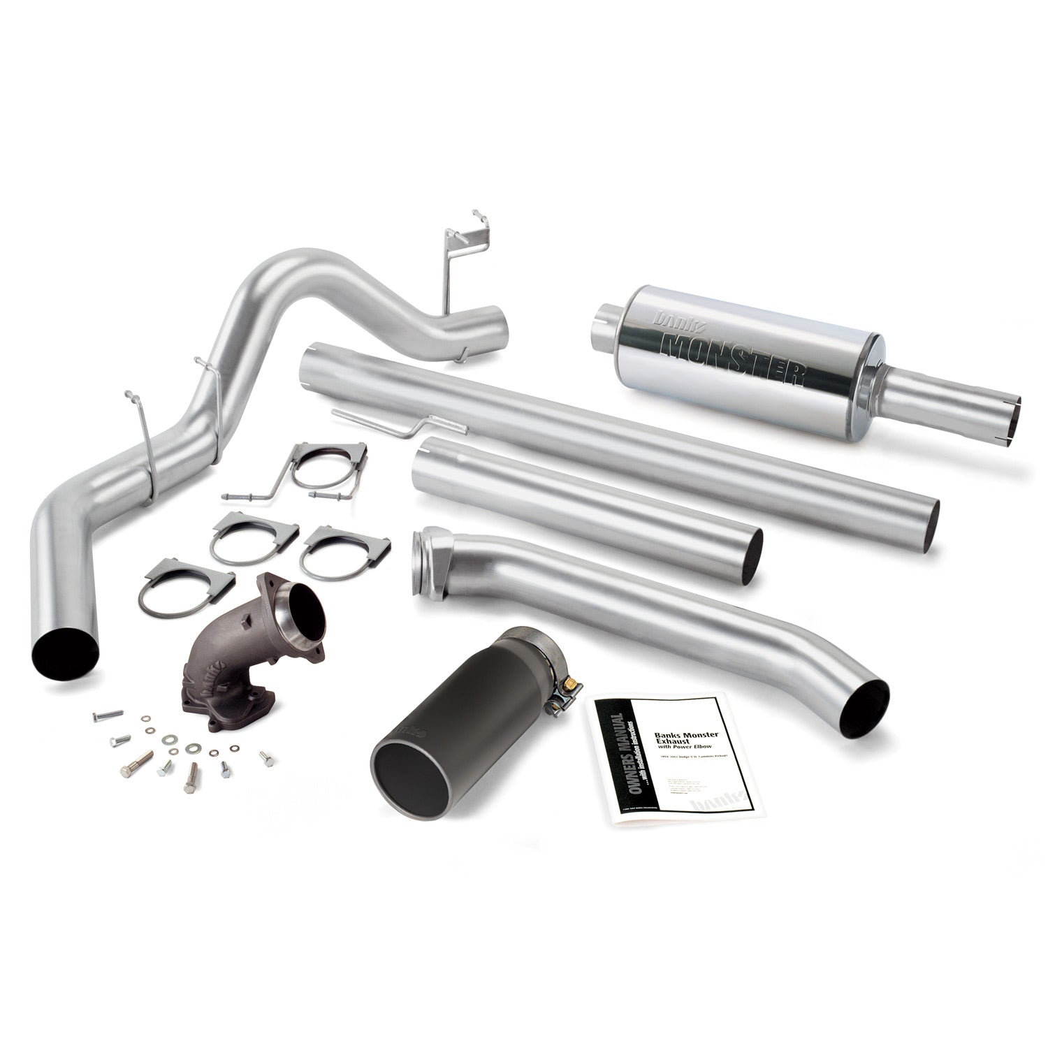 Monster Exhaust System W/Power Elbow Single Exit Black Round Tip 98-02 Dodge 5.9L Standard Cab Banks Power