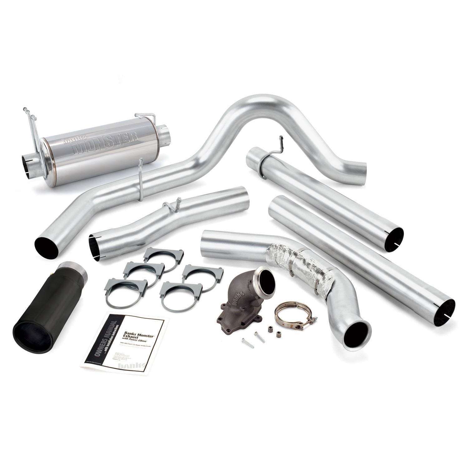 Monster Exhaust System W/Power Elbow Single Exit Black Round Tip 99 Ford 7.3L W/Catalytic Converter Banks Power