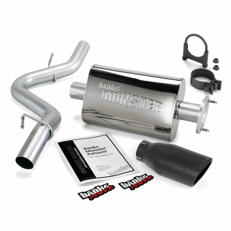 Monster Exhaust System Single Exit Black Ob Round Tip 91-95 Jeep 4.0L Wrangler Banks Power